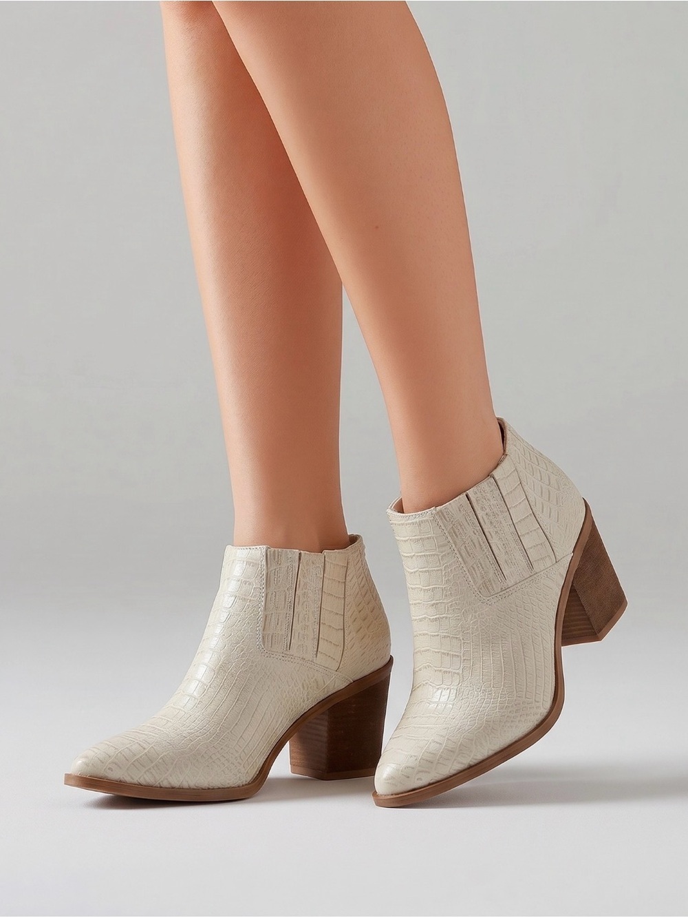 Seven7 Cream Croc-Print Block Heel Ankle Booties